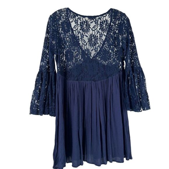 Umgee Lace Tunic Navy Blue Babydoll Bell Sleeve Draped Size M Sheer Boho Top - Picture 4 of 6